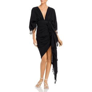 Black Draped V-Neck Ruched Cocktail Dress